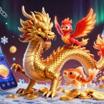 Experience the excitement of BL555 with golden dragon and phoenix amid vibrant casino elements.