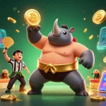 Experience thrilling gameplay at jun88 with a dynamic illustration showcasing a sumo champion beetle amidst falling coins.