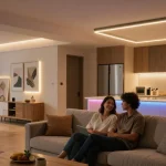 Benzi LED flexibile în iluminatul modern al casei, accentuând mobilierul și arta.