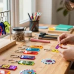 Custom keychains artistically arranged on a table, showcasing craftsmanship and vibrant materials.