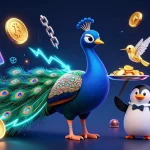 Engage with MPOID in a vibrant casino scene featuring a peacock, chips, and crypto elements.
