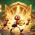 Casinous-inspired heist scene with ants, a firefly, and a grasshopper escaping with a golden poker chip.