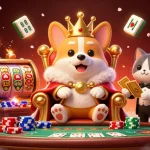 Engage in exciting gameplay at 8xbet with a 3D royal corgi character, poker themes, and vibrant casino elements.