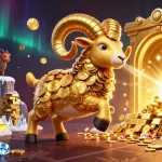Socolive delivers thrilling sports betting experiences with a dynamic golden ram charging through a treasure vault.