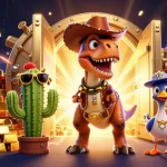 Experience HOKI368's vibrant casino adventure with cartoon dinosaur and gold treasures!