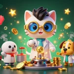 Experience the thrill of rikvip gameplay with a mad scientist cat and a dog assistant amidst a dazzling casino scene.