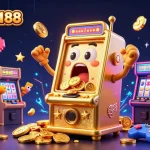 MAGNUM188 lights up the casino scene as a golden slot machine celebrates a jackpot amid cheering mini slot machines and popcorn kernels.