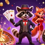 Join the excitement with QQCASH188 as suave raccoon and friends celebrate a royal flush in a vibrant casino scene.