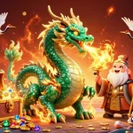 Experience legendary wins at IDNSCORE with this vibrant 3D cartoon illustration of a jade dragon, lucky cranes, and dynamic casino elements.