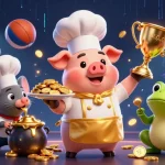 IDCASH88 features a chef pig serving gold coins, set in a vibrant casino atmosphere.