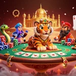 Bettors explore judi bola possibilities with a vibrant casino scene featuring poker elements.