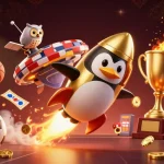 Engage with ku88’s vibrant space-themed illustration featuring a golden penguin and dynamic sports elements.