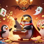 Playing at IDCASH88, the penguin conjures coins amid festive casino elements and vibrant symbols.
