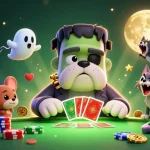 red88 showcases a lively casino scene with a unique Frankenstein bulldog dealer and playful ghost mouse.