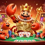 Experience the thrill of slot server jepang with a golden crab emperor amidst vibrant slot reels and poker elements.