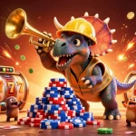 Join the celebration with tg88 as a triceratops builds a poker chip pyramid surrounded by vibrant casino elements.