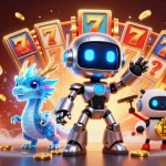 Experience situs slot777 excitement with a neon cyberpunk robot and animated slot game elements.