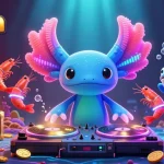 Kuwin celebrates underwater casino fun with a neon axolotl DJ and lively characters spinning records and celebrating with gold coins.