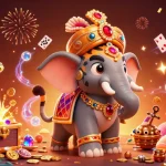XOSO66 showcases thrilling casino adventures with a colorful 3D scene featuring a maharaja tiger and gem-filled treasures.