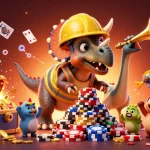 five88 promotional art featuring a dynamic cartoon scene of dinosaurs celebrating casino gaming