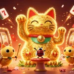 Bet on go8 with this vibrant scene featuring a giant lucky cat made of fireflies in a casino atmosphere.