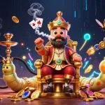 Kuwin gameplay scene featuring a colorful 3D caterpillar character mastering poker amidst rich casino surroundings.