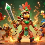 LIGALGO showcases a lively 3D scene featuring Aztec warriors and vibrant gambling elements.