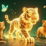 Engaging in thrilling betting at gavangtv, featuring a neon wireframe tiger amidst crypto elements.