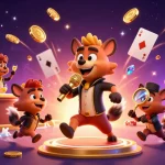 LGOACE showcases a vibrant casino scene with hyenas in a comedic online slots environment, promoting fun gameplay.