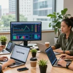 Collaborative finance team discussing libertyswap in modern workspace with crypto charts and digital devices.