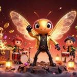 IDCOIN188’s vibrant casino scene with a cicada rock star and treasure elements for online gaming enthusiasts.
