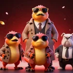 Kèo nhà cái showcases three raptors in a trench coat entering a casino with vibrant decorations and sports elements.