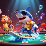 Experience MM88 with vibrant casino elements as the shark surfs gold coins in an uplifting scene.