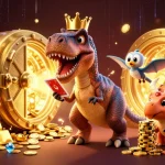EV88 casino scene with T-Rex shuffling cards, pterodactyl helping, and triceratops stacking chips.