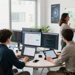Team collaborating to build internal tools with AI in a modern workspace.