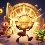 Engage in thrilling action with go8 as ants heist massive golden poker chips amidst a treasure-filled tunnel.