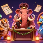 Join the action with Maniakslot's thrilling casino scene featuring a woolly mammoth bouncer, VIP guests, and lottery excitement.