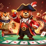 Bet on link Ao88 with 3D pirate captain bear, tiger first mate, and vibrant casino elements.