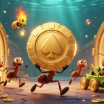 MPO08 invites players to join an epic heist with ants carrying massive poker chips in an enchanting casino scene.