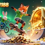 Experience thrilling action with QQCASH188 as a skateboarder fox performs tricks over golden poker chips in a vibrant casino scene.