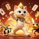 Experience the thrilling world of sunwin with a vibrant mummy cat, glowing scarab, and gold coins!