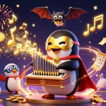 Spin to win with kèo nhà cái as a penguin plays an organ shooting golden coins, surrounded by dynamic lottery elements.