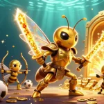 Engage in taruhan bola sbobet action with a dynamic scene featuring golden hornet samurai and sports elements.