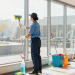 Professionelle Gebäudereinigung Dortmund mit umweltfreundlichen Reinigungsmitteln in modernem Büro.