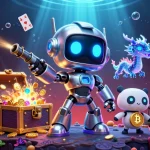 Win big at mm88, showcasing a vibrant 3D casino scene with robotic characters and gold treasures.