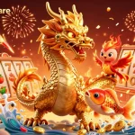 Experience pulsesoftware's engaging gaming adventure with a dragon, phoenix, and koi fish amidst slot elements and coins.