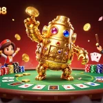 Experience thrilling gameplay at QQCASH188, featuring a dynamic scene with animated slot elements and casino characters.