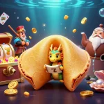 A dynamic scene featuring ao88's golden fortune cookie unleashing riches, surrounded by vibrant casino elements.
