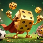 Juggle smaller golden dice and play tài xỉu sunwin with dynamic sports elements and a golden trophy.
