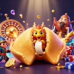 Experience winning thrills with IDCASH88 as a tiny dragon reveals fortunes amid a flurry of coins and casino elements.